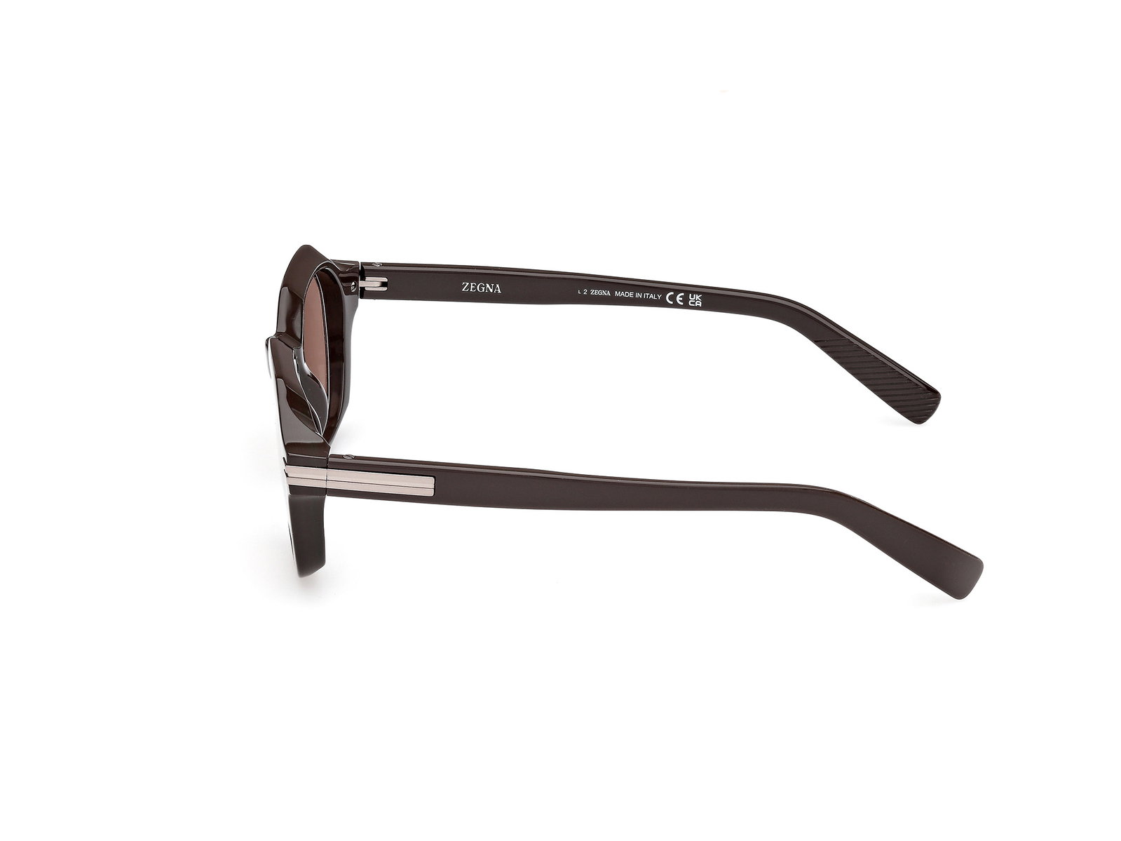 Das Bild zeigt die Bügel der Zegna Sonnenbrille 0250 in glänzend dunkelbraun.